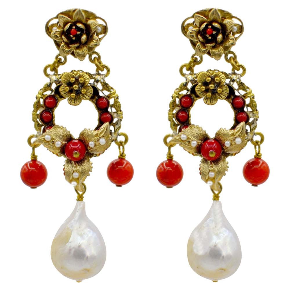 BOUCLES D'OREILLES VINTAGE DE STYLE VICTORIEN EN BAKÉLITE ROUGE ET PERLES NATURELLES BAROQUES - MY LITTLE VENDOME