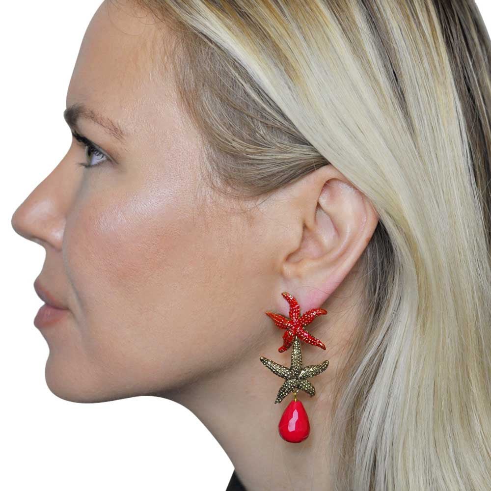 BOUCLES D'OREILLES VINTAGE ÉMAILLÉES ETOILE DE MER ET BAKÉLITE ROUGE - MY LITTLE VENDOME