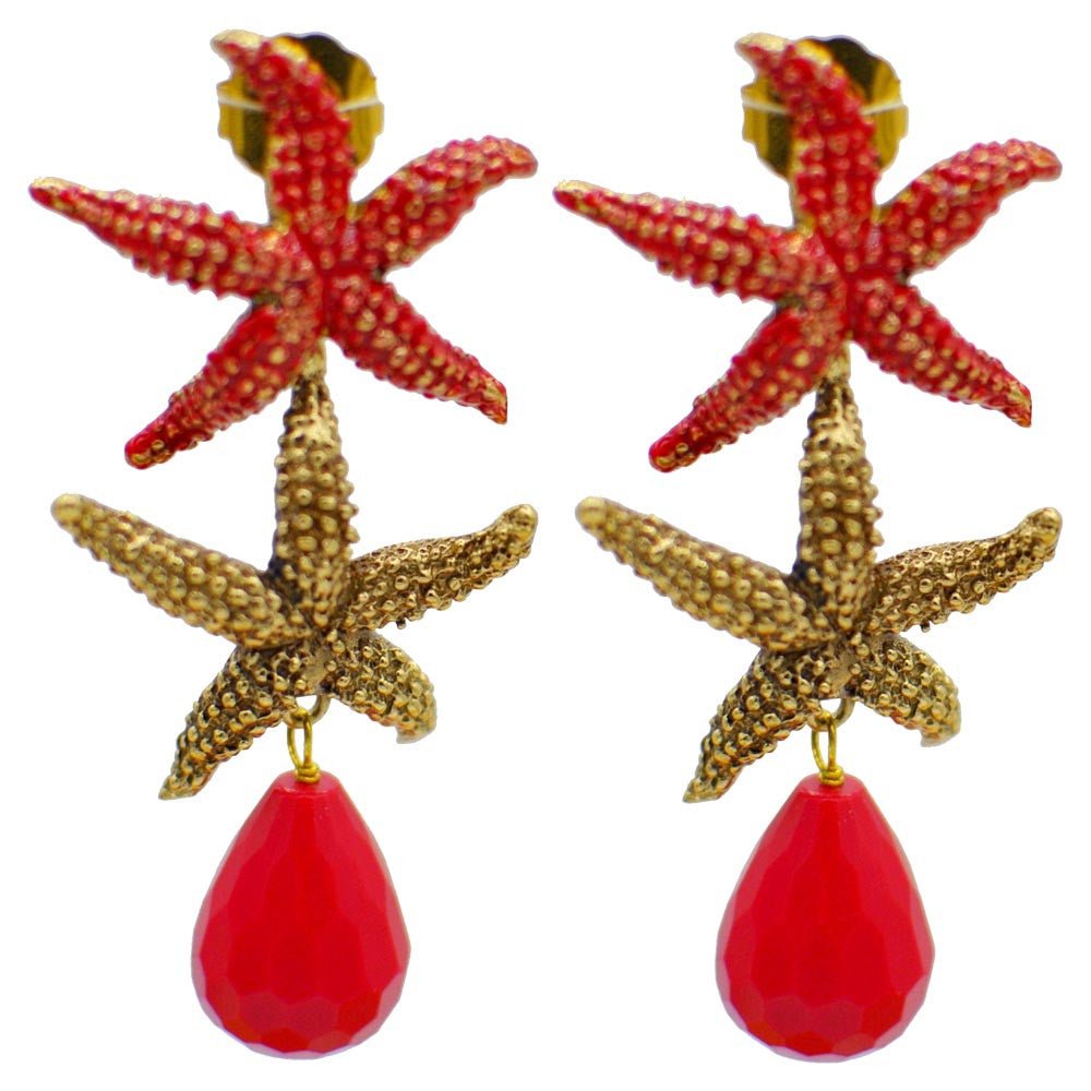 BOUCLES D'OREILLES VINTAGE ÉMAILLÉES ETOILE DE MER ET BAKÉLITE ROUGE - MY LITTLE VENDOME