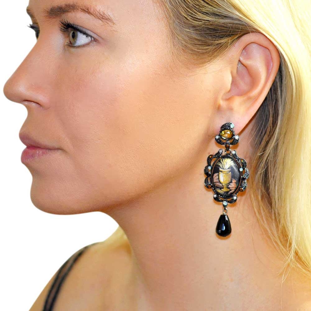 BOUCLES D'OREILLES VINTAGE NOIRES DE STYLE VICTORIEN EN ARGENT 925, ONYX, PERLES ET PIERRES SEMI PRÉCIEUSES - MY LITTLE VENDOME