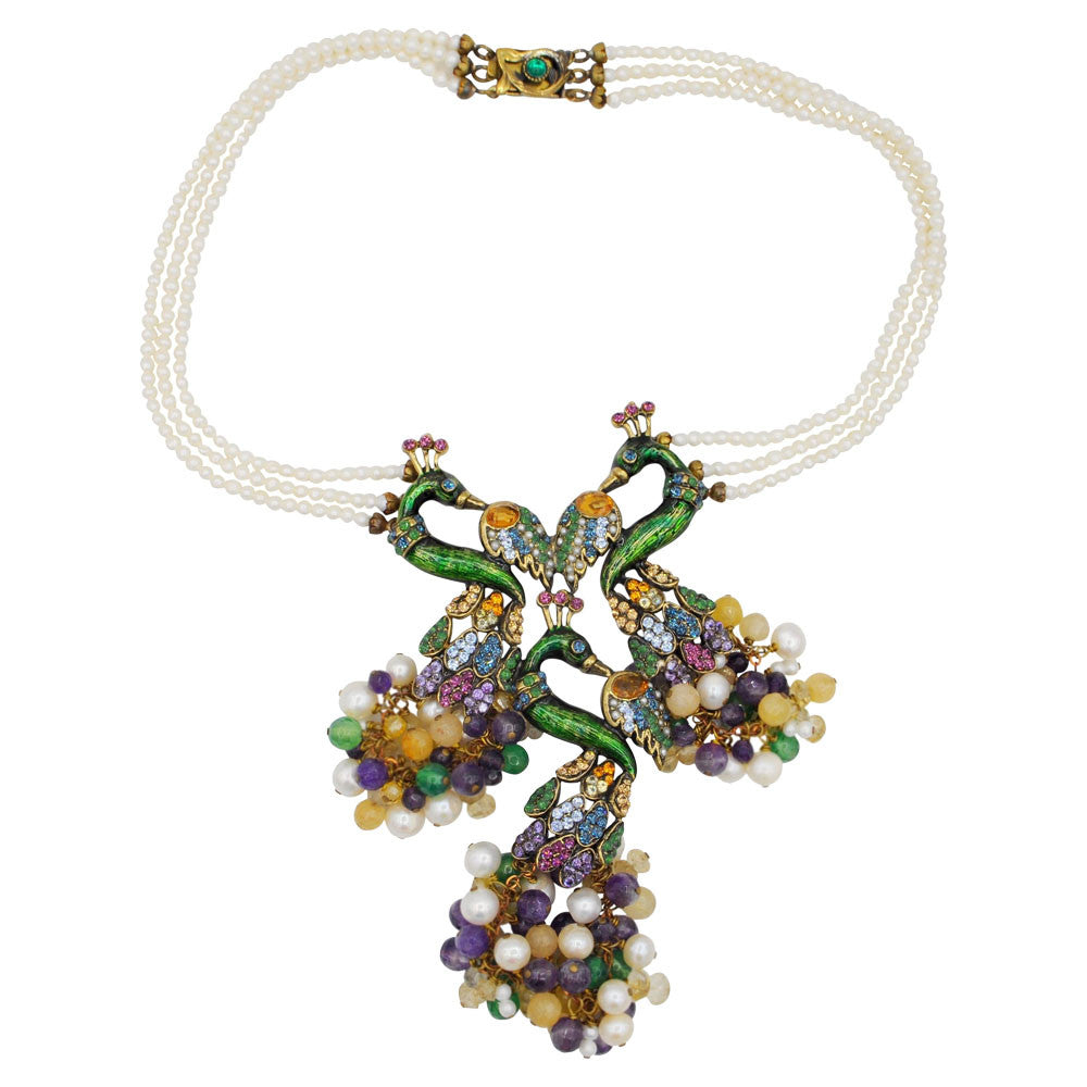 NECKLACE 3 VINTAGE PEACOCKS - CITRINE, AMETHYST, PEARLS - MY LITTLE VENDOME