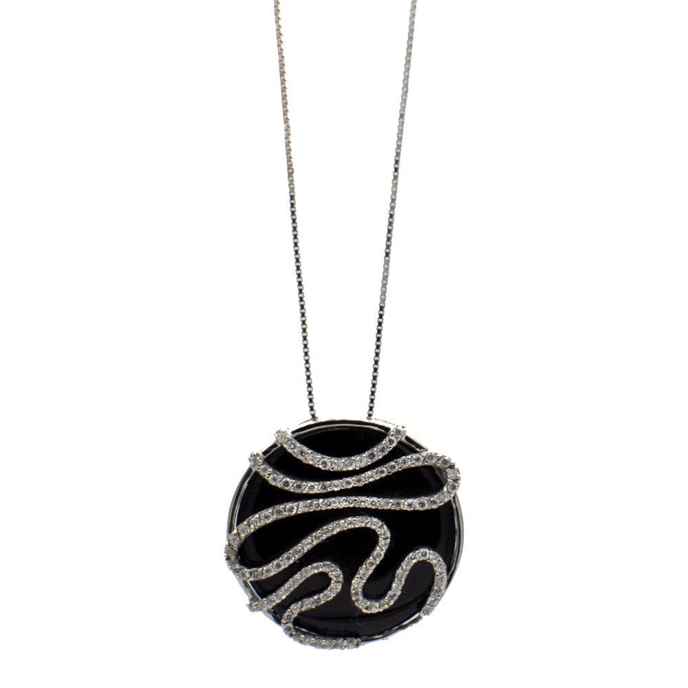 COLLIER PENDENTIF CERCLE EN ARGENT 925, BAKÉLITE NOIR ET PIERRES SEMI - PRÉCIEUSES - MY LITTLE VENDOME