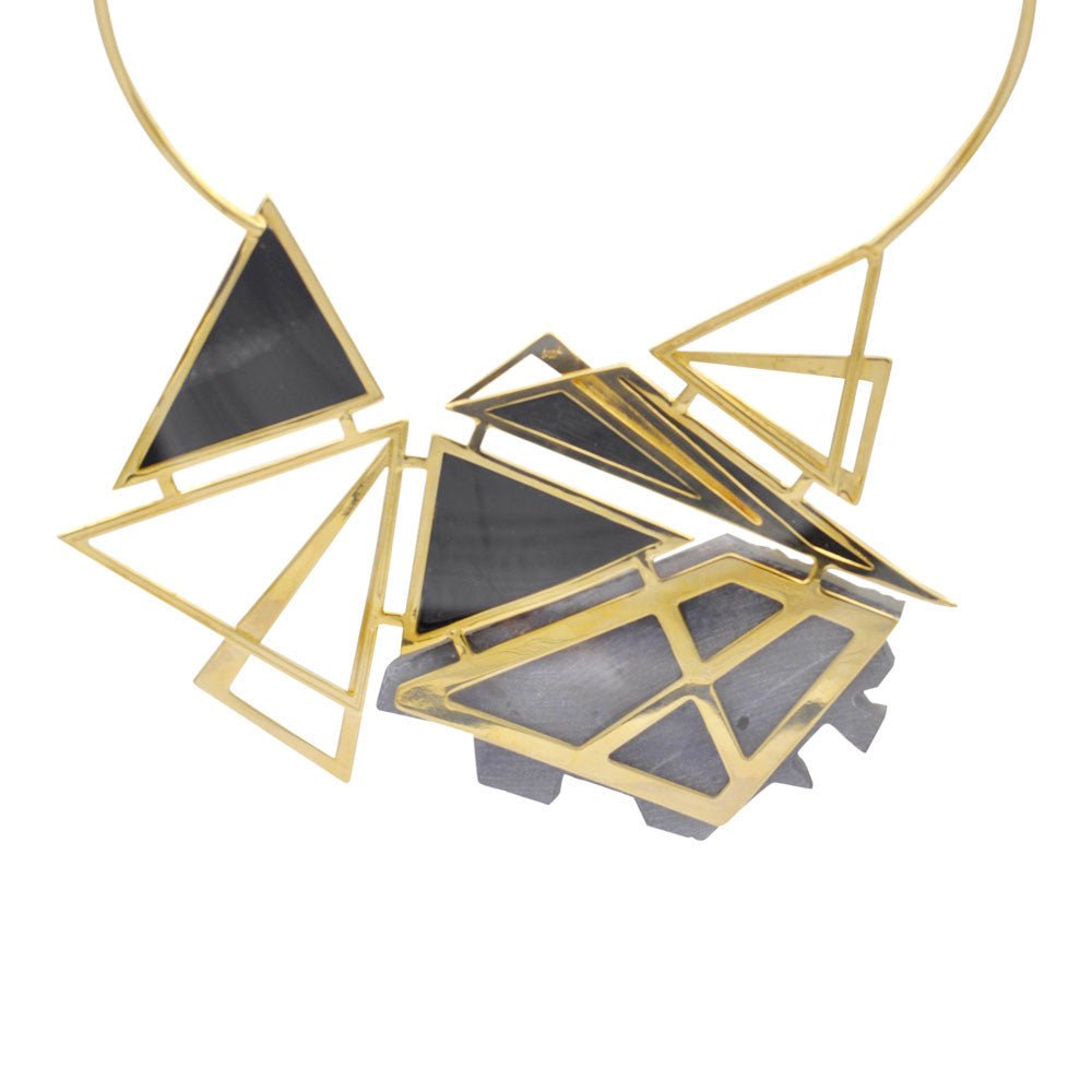 COLLIER PLASTRON OR 18 CARATS - ONYX, TITANIUM & BOIS - MY LITTLE VENDOME