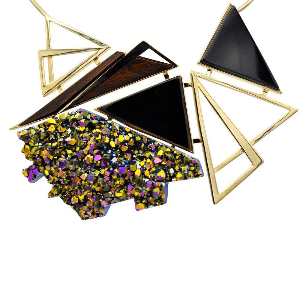 COLLIER PLASTRON OR 18 CARATS - ONYX, TITANIUM & BOIS - MY LITTLE VENDOME