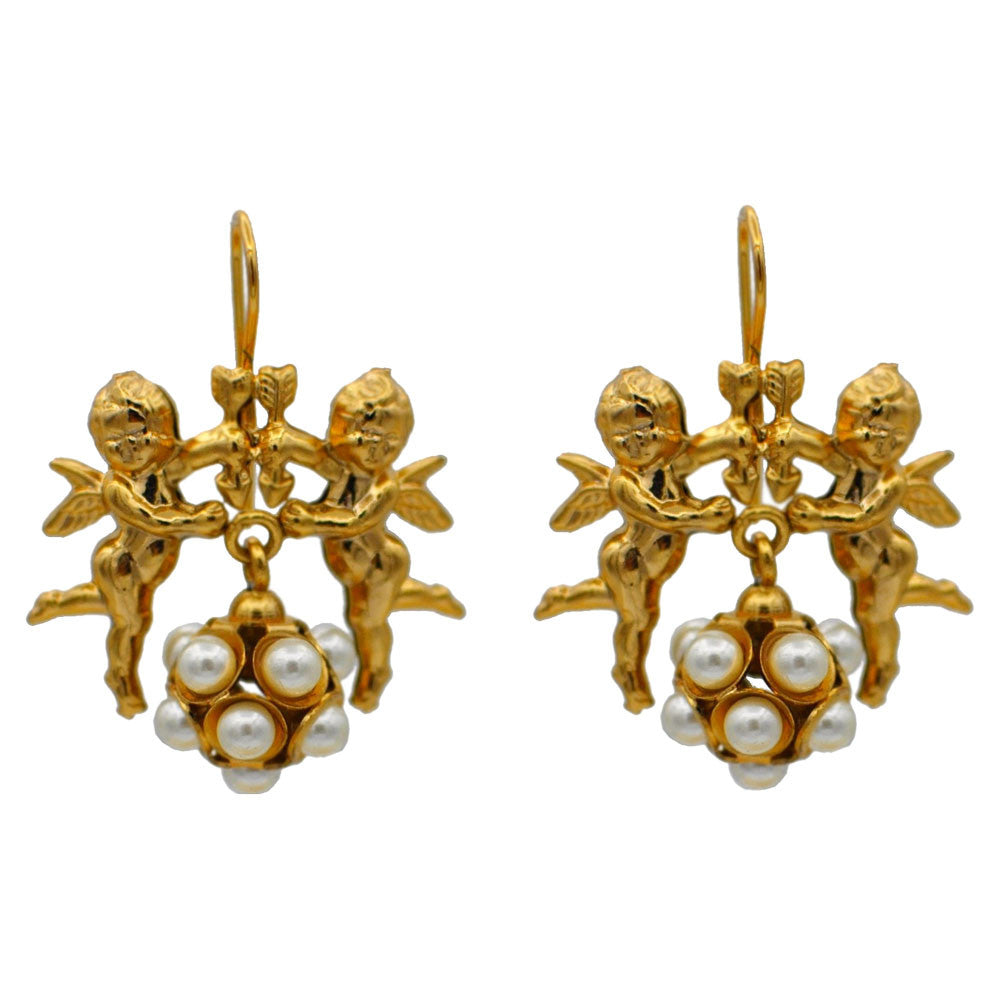 ANGEL & PEARL EARRINGS ANGEL, PEARL EARRINGS, 14 KARAT VENETIAN ROSE GOLD EARRINGS, CHERUBIN - MY LITTLE VENDOME