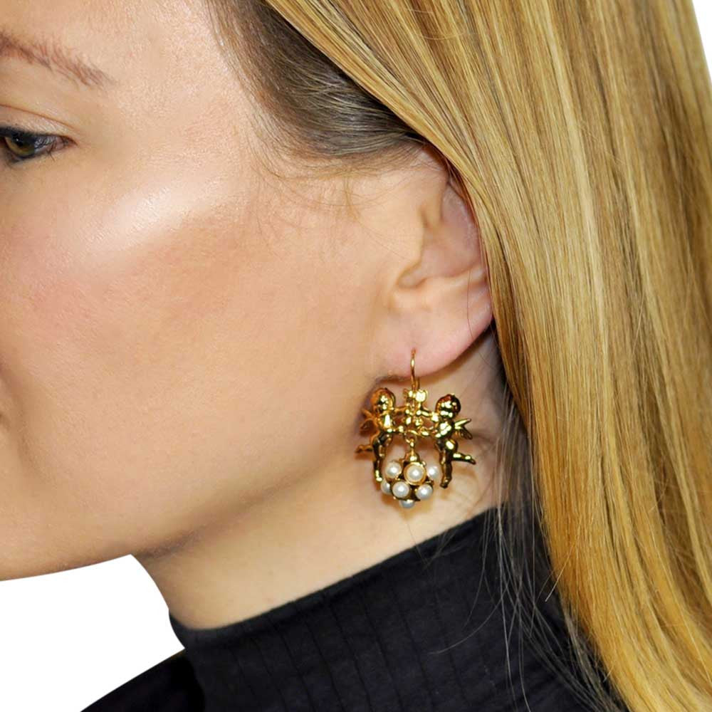 ANGEL & PEARL EARRINGS ANGEL, PEARL EARRINGS, 14 KARAT VENETIAN ROSE GOLD EARRINGS, CHERUBIN - MY LITTLE VENDOME