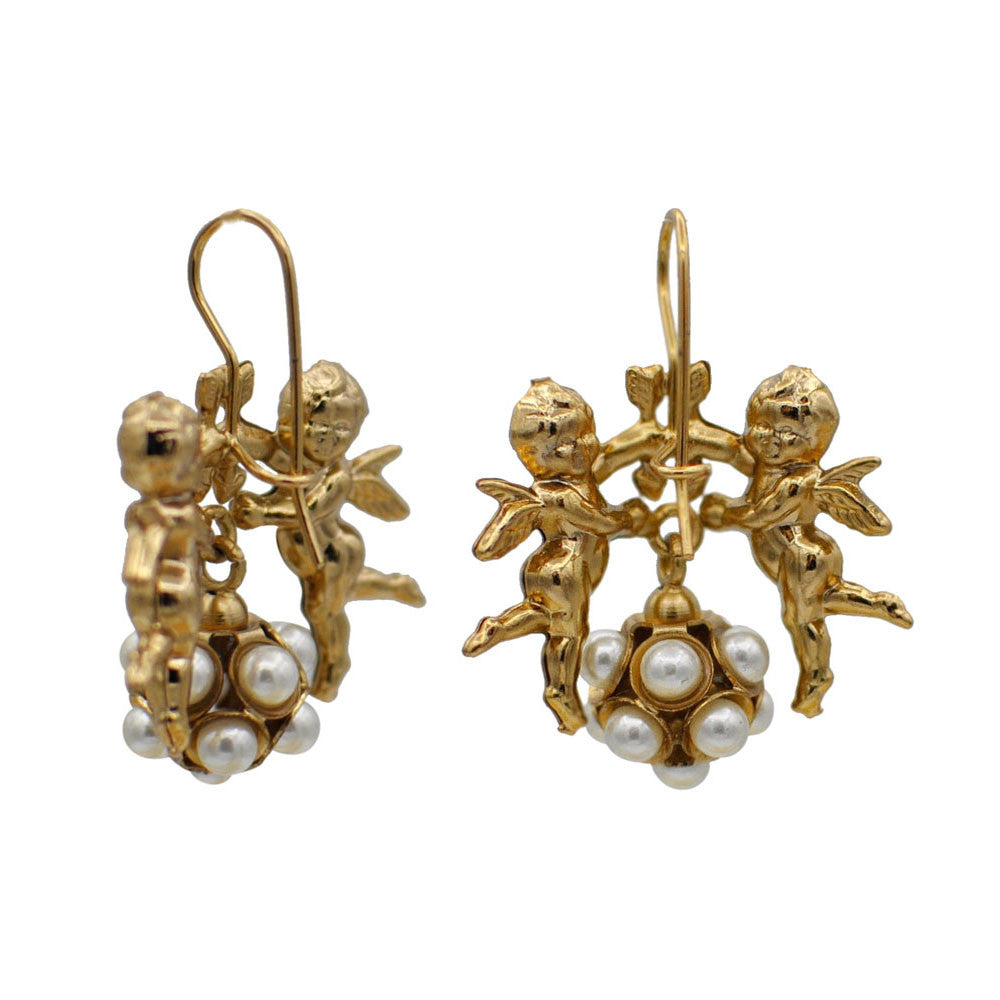 ANGEL & PEARL EARRINGS ANGEL, PEARL EARRINGS, 14 KARAT VENETIAN ROSE GOLD EARRINGS, CHERUBIN - MY LITTLE VENDOME