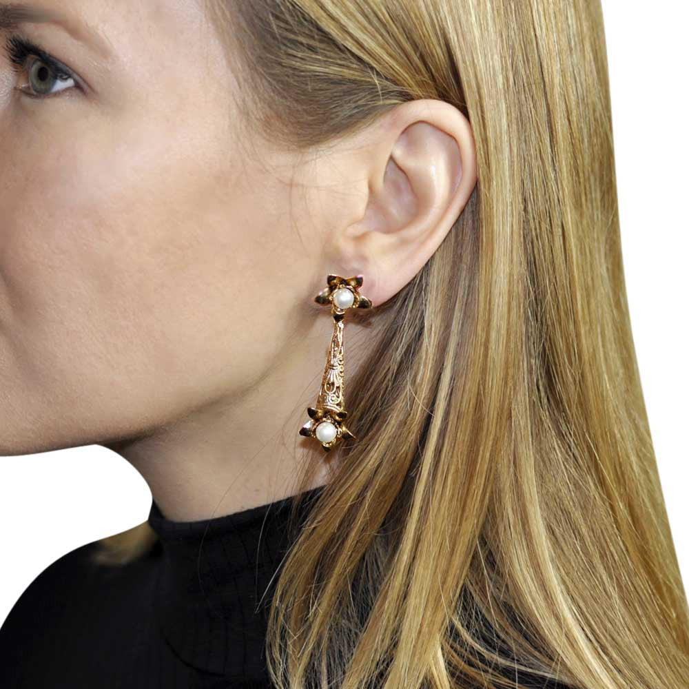 PEARL & FLOWER EARRINGS FLOWER, PEARL EARRINGS, 14 KARAT VENETIAN ROSE GOLD EARRINGS - MY LITTLE VENDOME