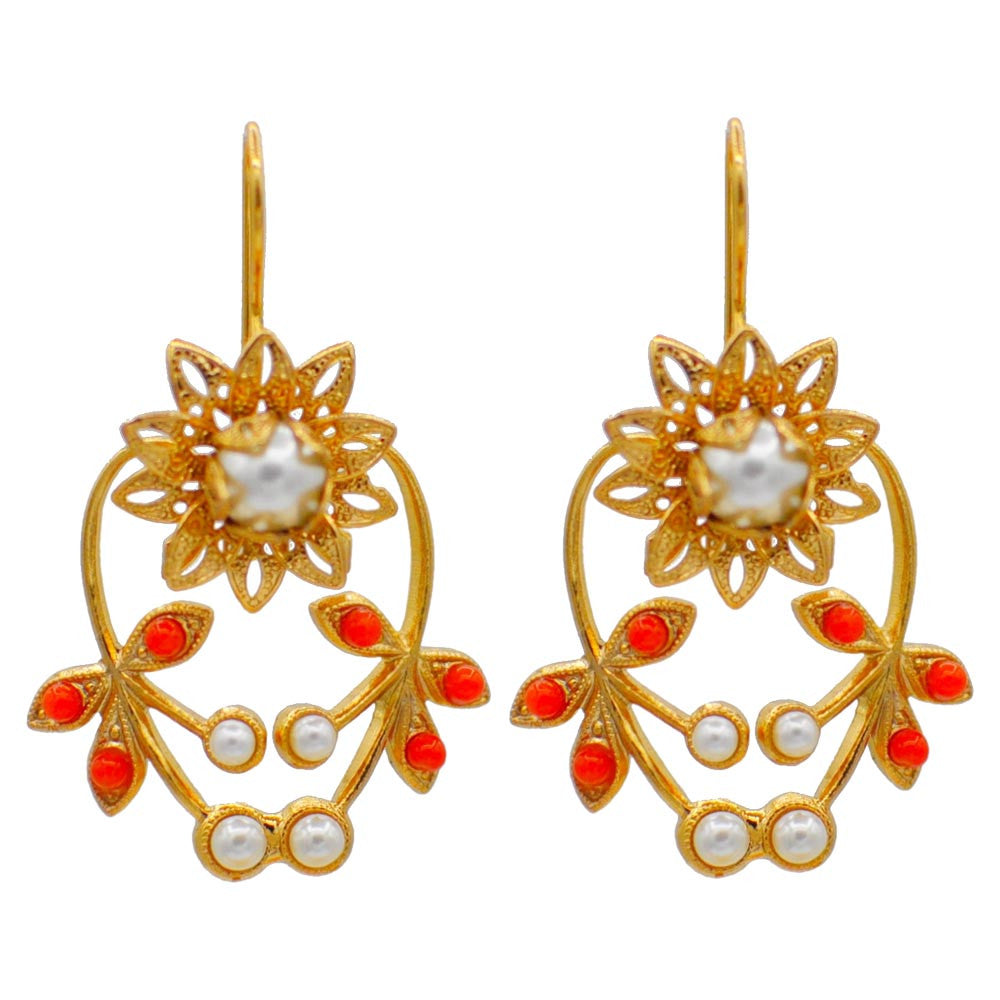 PEARL & CORAL EARRINGS, FLOWER, ART NOUVEAU EARRINGS, 14 CARAT VENETIAN ROSE GOLD EARRINGS - MY LITTLE VENDOME