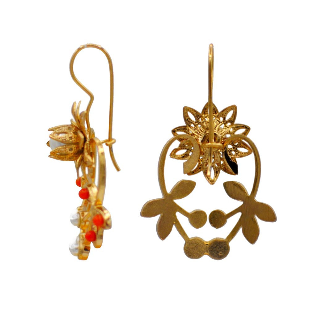 PEARL & CORAL EARRINGS, FLOWER, ART NOUVEAU EARRINGS, 14 CARAT VENETIAN ROSE GOLD EARRINGS - MY LITTLE VENDOME