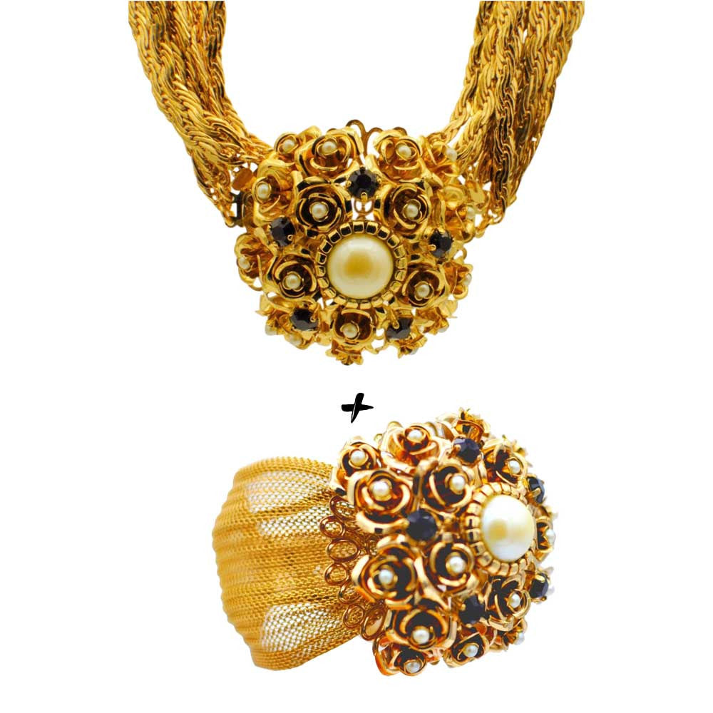 GRENAT FLOWER JEWELRY GIFT SET FOR WOMEN Necklace + Cuff Bracelet - MY LITTLE VENDOME