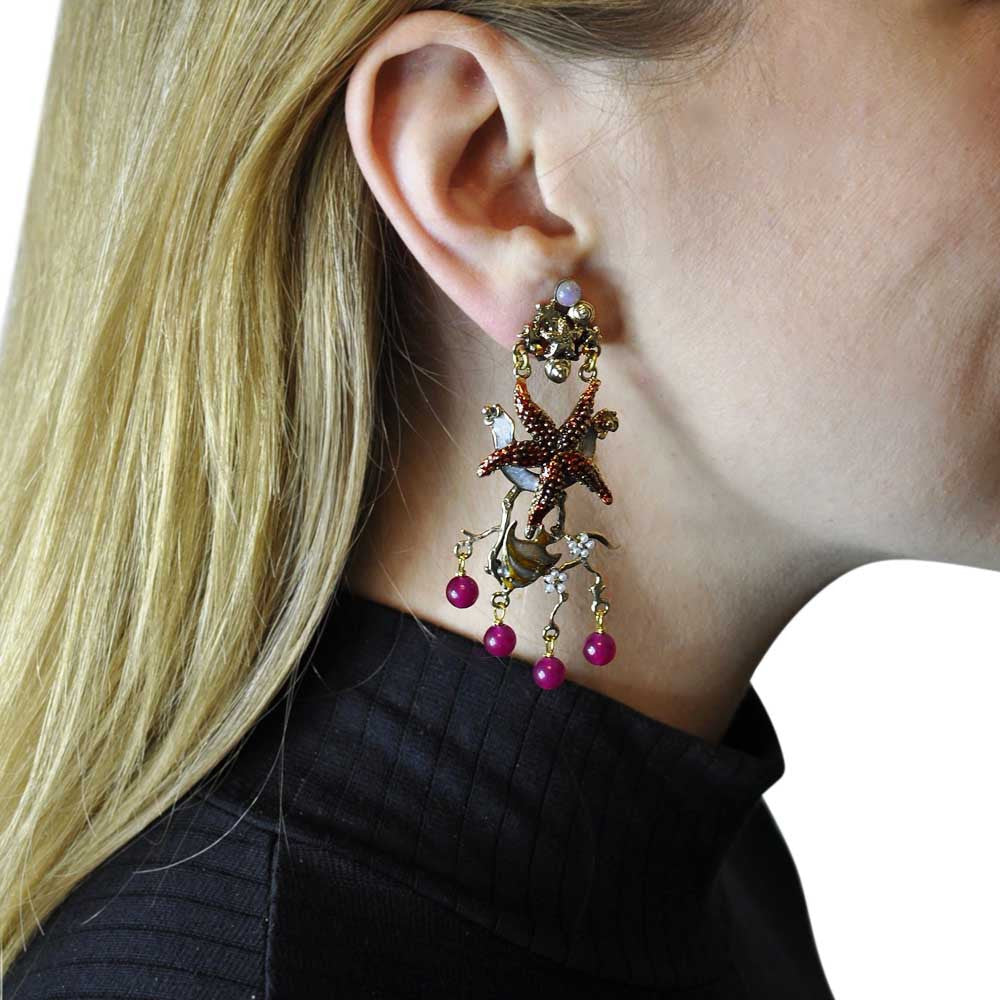 BOUCLE D'OREILLE VINTAGE - POISSONS ÉMAILLÉS & ETOILE DE MER - MY LITTLE VENDOME