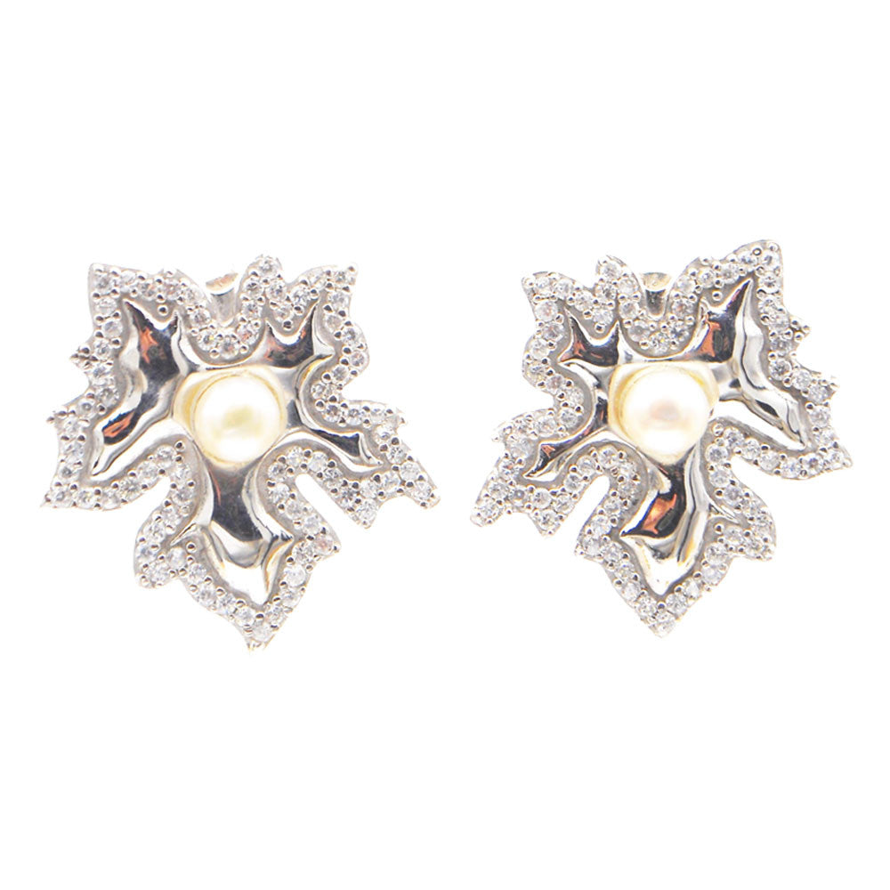 BOUCLE OREILLE FEUILLE ARGENT & PERLE - CRISTAL DE ROCHE NATUREL - MY LITTLE VENDOME