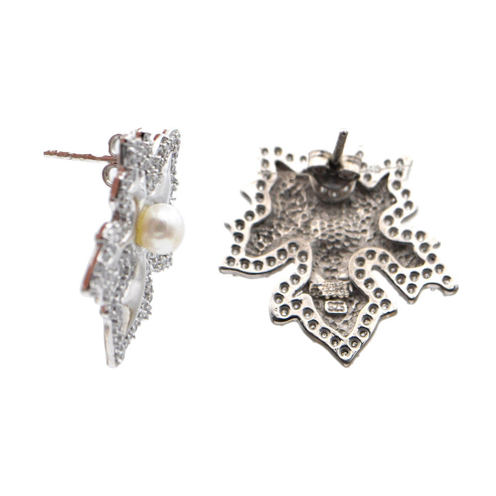 BOUCLE OREILLE FEUILLE ARGENT & PERLE - CRISTAL DE ROCHE NATUREL - MY LITTLE VENDOME