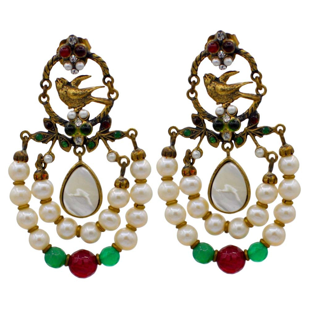 BOUCLES D'OREILLES CHANDELIER VINTAGE DE STYLE VICTORIEN EN PERLES NATURELLES ET PIERRES SEMI-PRÉCIEUSES - MY LITTLE VENDOME