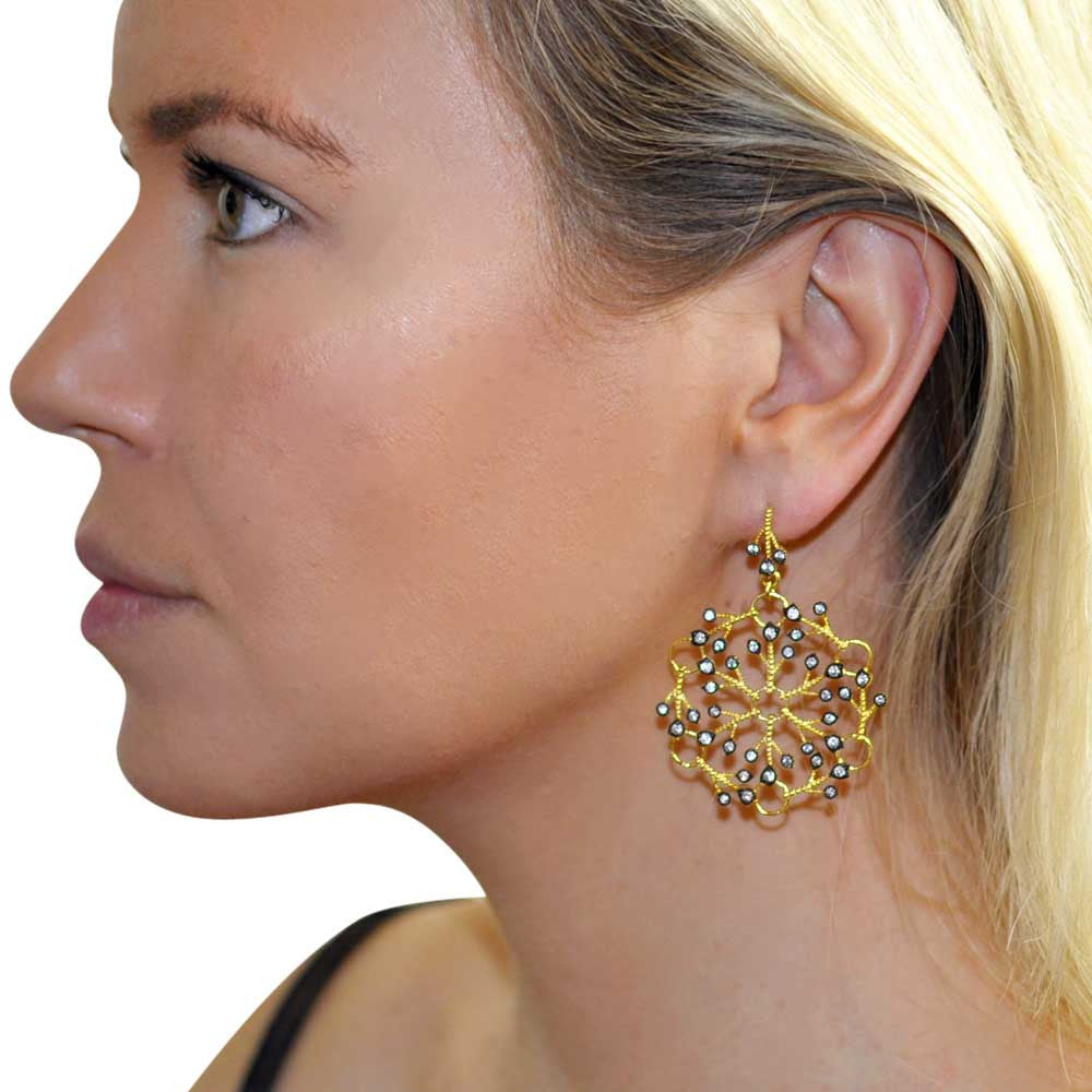 BOUCLES D'OREILLES EN OR 14 CARATS ET ARGENT 925 FAÇON DENTELLE ET PIERRES NATURELLES ET SEMI PRÉCIEUSES - MY LITTLE VENDOME