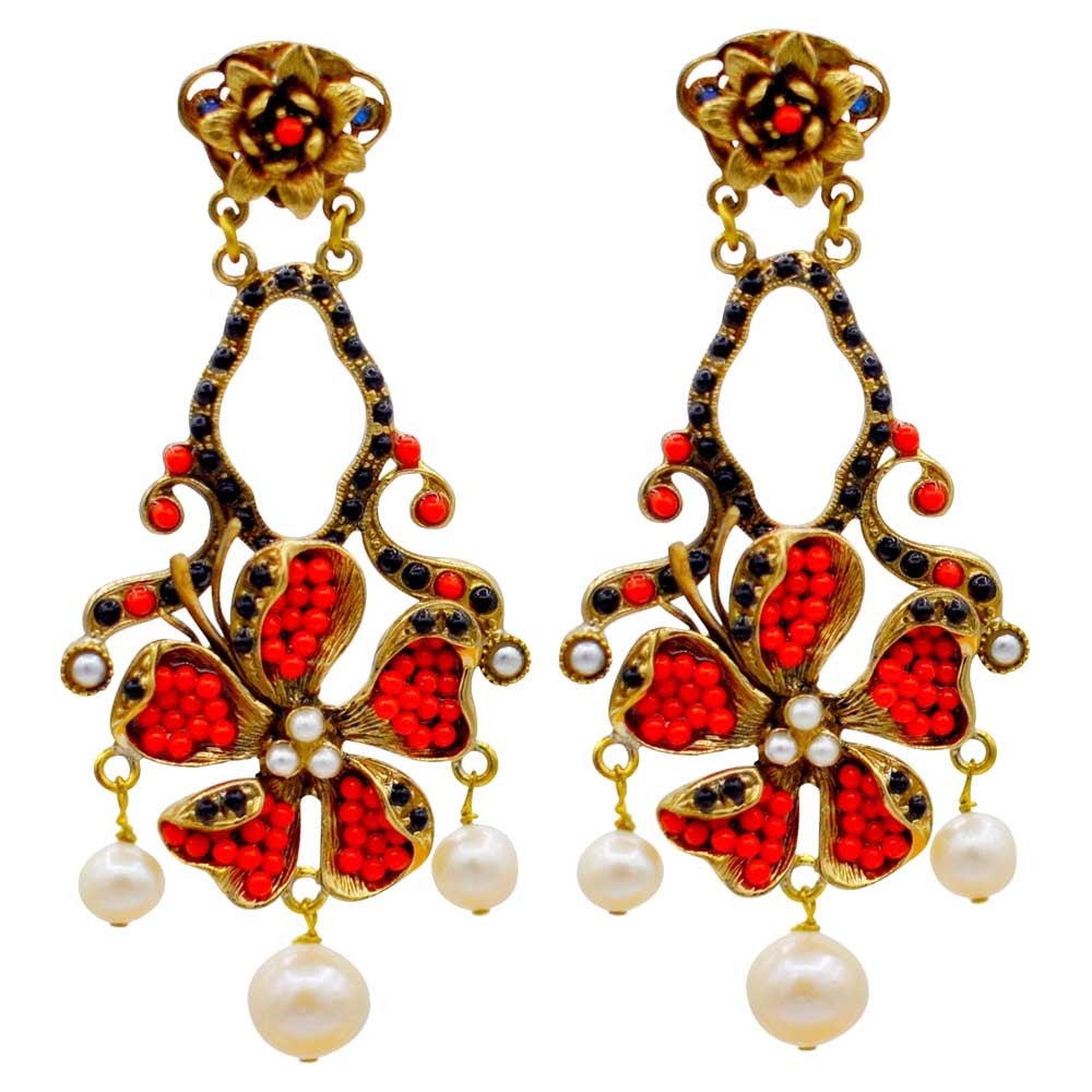 BOUCLES D'OREILLES VINTAGE DE STYLE VICTORIEN EN CORAIL ROUGE ET PERLES NATURELLES - MY LITTLE VENDOME