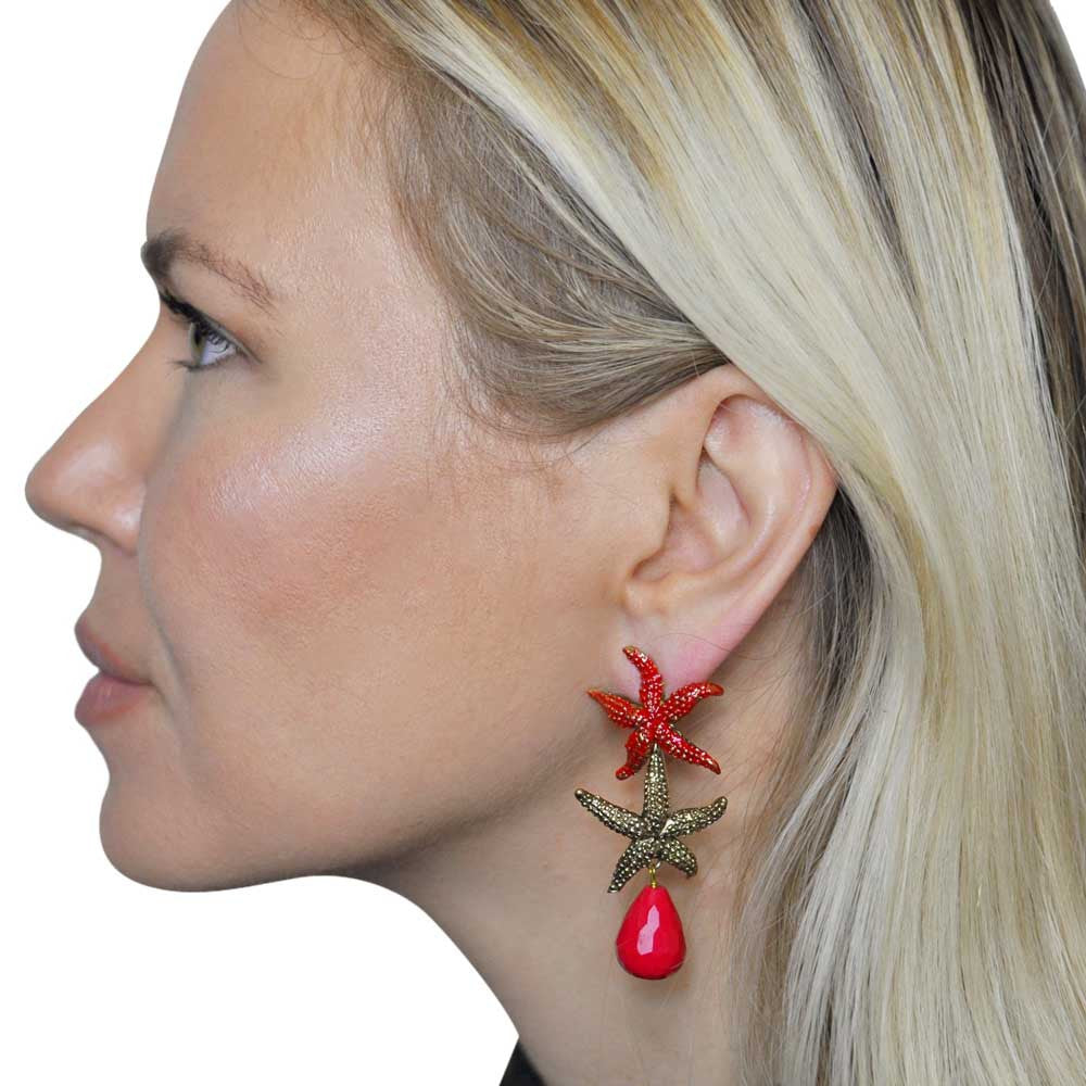 BOUCLES D'OREILLES VINTAGE ÉMAILLÉES ETOILE DE MER ET BAKÉLITE ROUGE - MY LITTLE VENDOME