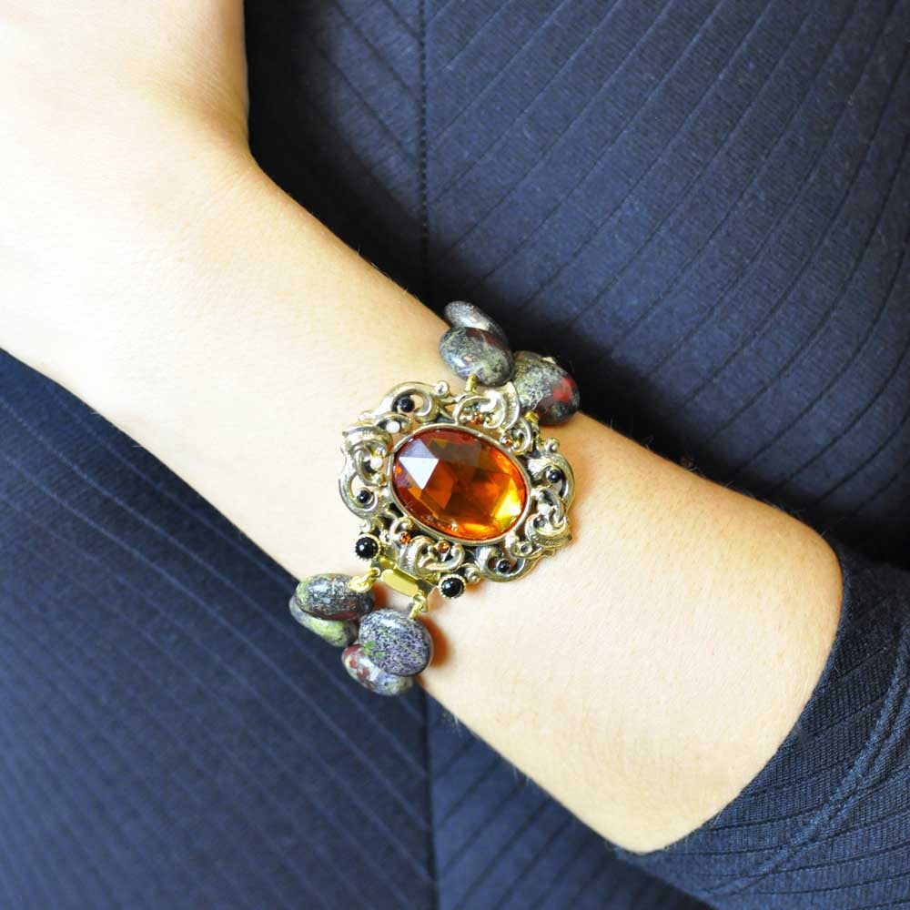 BRACELET PERLE D'AGATE VERTE & QUARTZ ORANGE - VINTAGE - MY LITTLE VENDOME